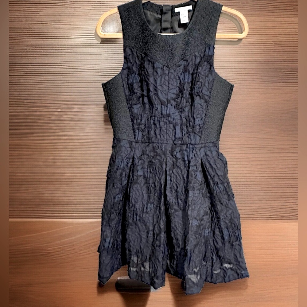 NEW H&M FIT & FLARE JACQUARD LACE W/POCKETS BLACK/NAVY DRESS-10